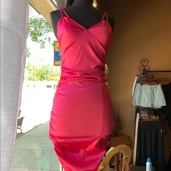 Hot Pink Satin Cocktail Mini Dress - Picture 2 of 6